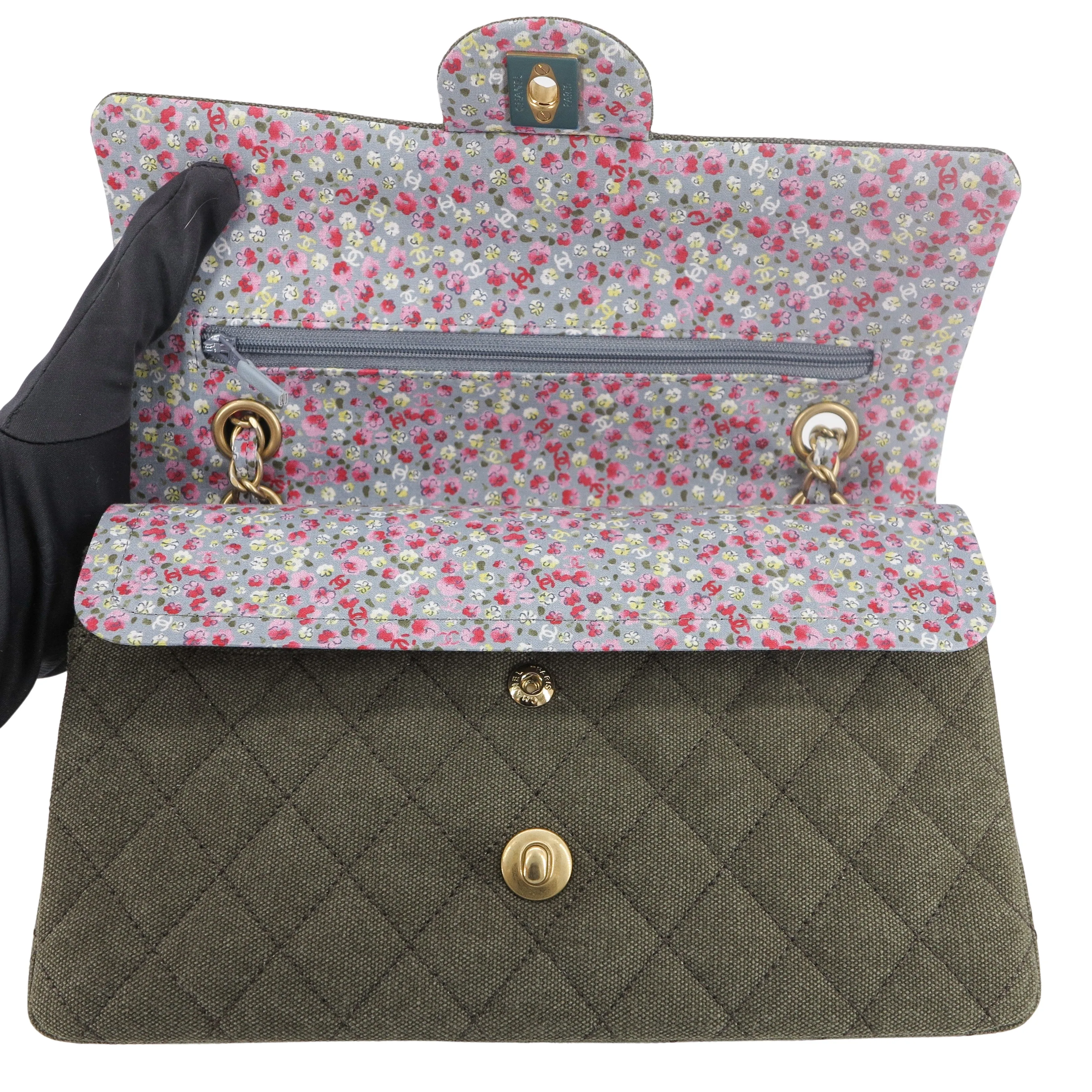 17C Coco Cuba Charms Khaki Canvas Medium Classic Double Flap Bag