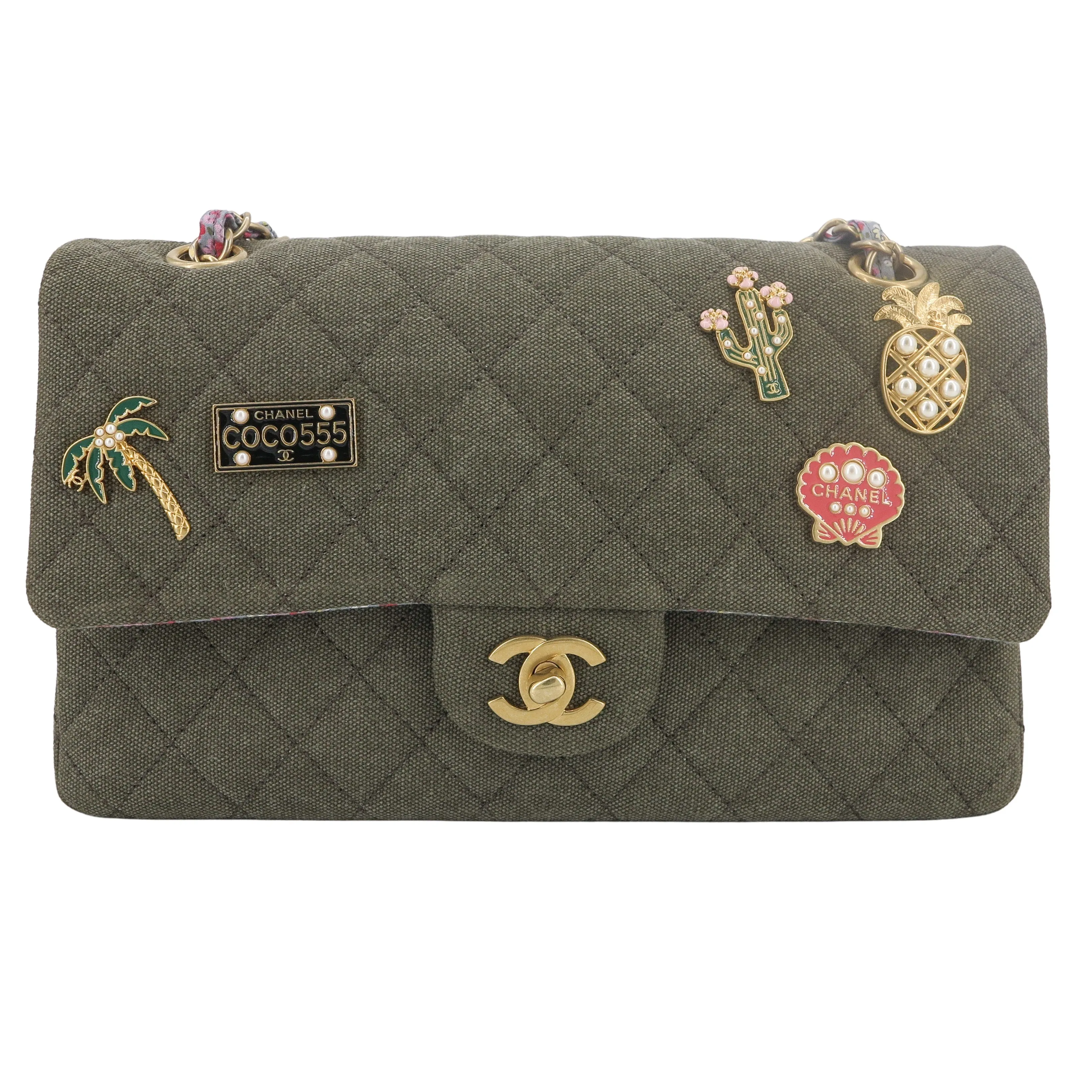 17C Coco Cuba Charms Khaki Canvas Medium Classic Double Flap Bag