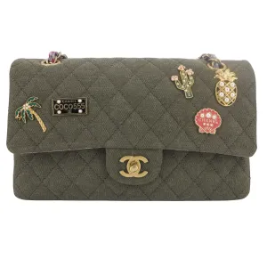 17C Coco Cuba Charms Khaki Canvas Medium Classic Double Flap Bag
