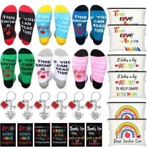 24 Pieces Women Teacher Appreciation Thank You Gift Set, Socks, Makeup Bags, Inspirational Notepads, Keychains for Christmas(Stylish)