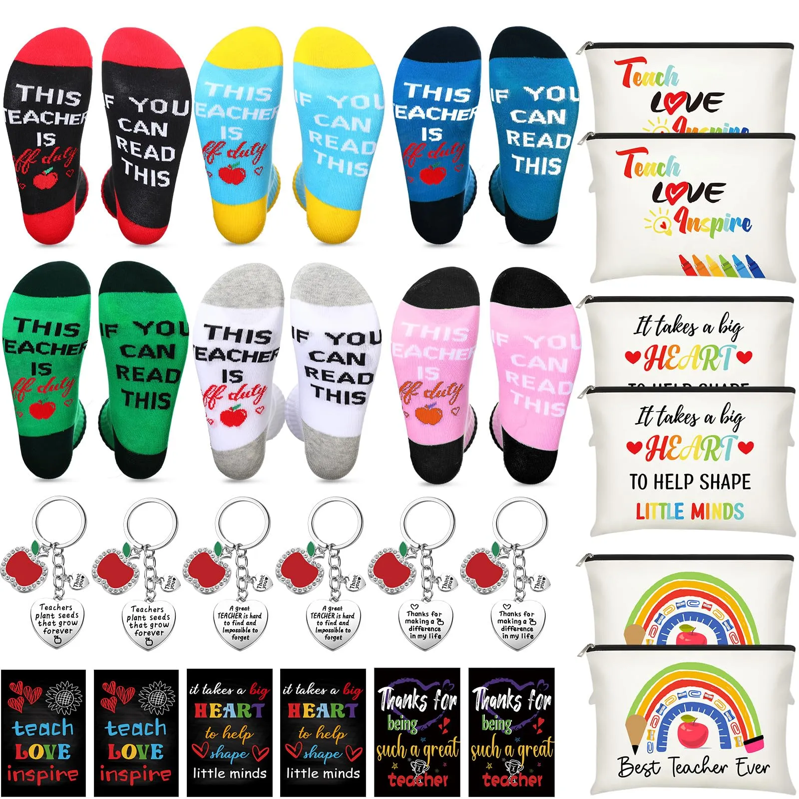 24 Pieces Women Teacher Appreciation Thank You Gift Set, Socks, Makeup Bags, Inspirational Notepads, Keychains for Christmas(Stylish)