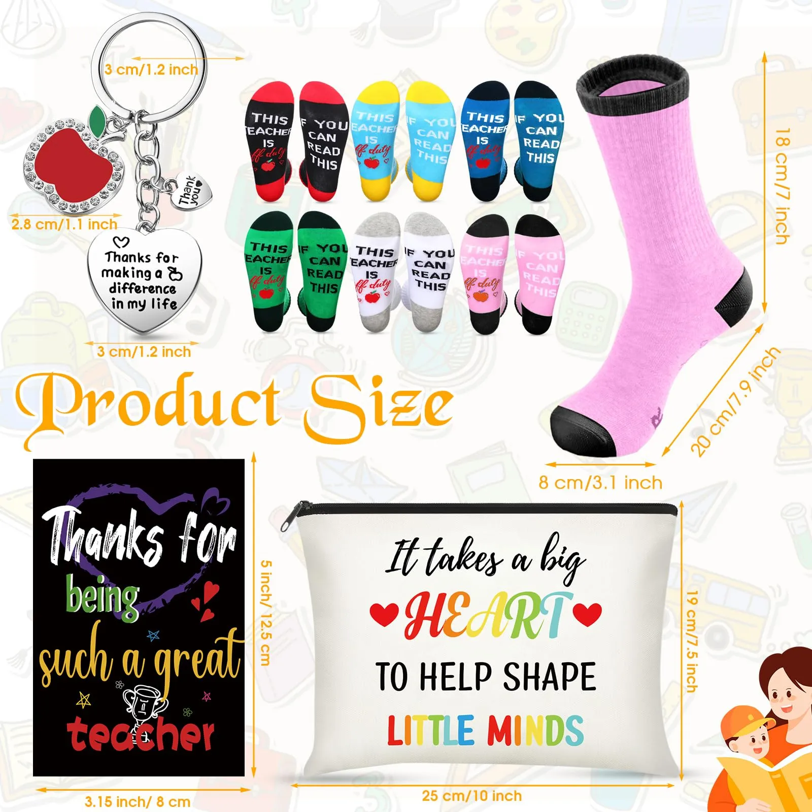 24 Pieces Women Teacher Appreciation Thank You Gift Set, Socks, Makeup Bags, Inspirational Notepads, Keychains for Christmas(Stylish)