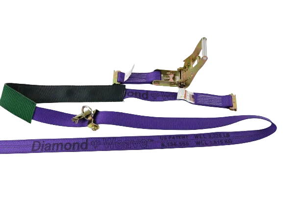 2" x 11' DIAMOND WEAVE 3 POINT Wheel Strap With 2' Low Profile Grip Sleeve and Ratchet (E-TRACK FITTING)