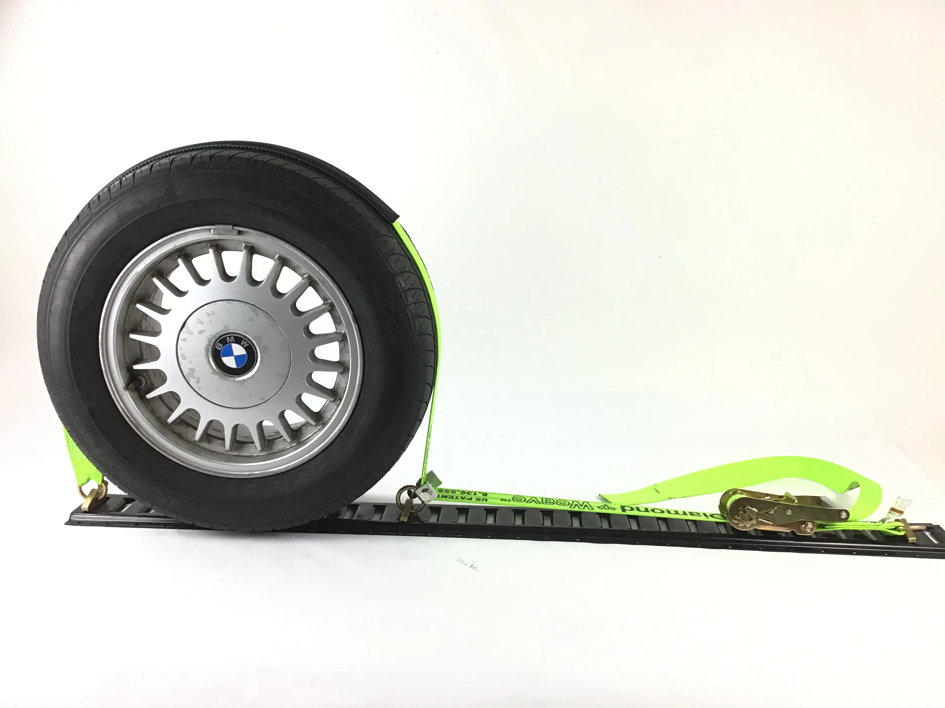 2" x 11' DIAMOND WEAVE 3 Point Wheel Strap With 2' Low Profile Grip Sleeve and Ratchet (Heavy Duty O-Ring E TRACK Fitting)