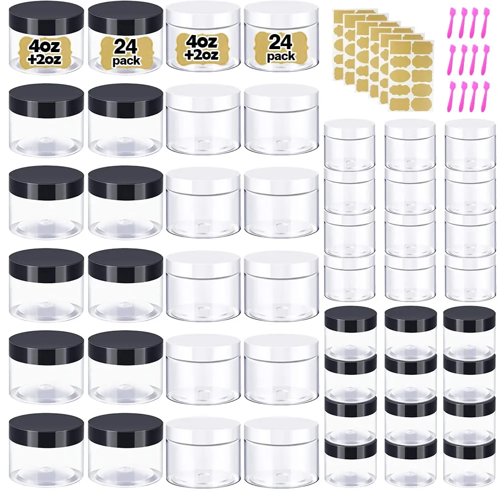 4 oz   2oz Black & White Lids Small Plastic Containers with Lids (Set of 48) Plastic Jars with Lids Cosmetic Jar - for Lip Scrub, Cream, Slime, Craft Storage