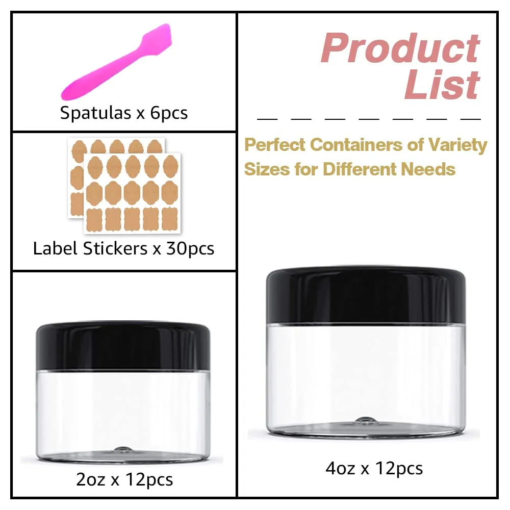 4 oz   2oz Black & White Lids Small Plastic Containers with Lids (Set of 48) Plastic Jars with Lids Cosmetic Jar - for Lip Scrub, Cream, Slime, Craft Storage