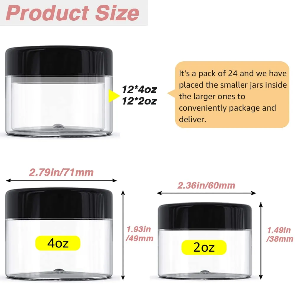 4 oz   2oz Black & White Lids Small Plastic Containers with Lids (Set of 48) Plastic Jars with Lids Cosmetic Jar - for Lip Scrub, Cream, Slime, Craft Storage