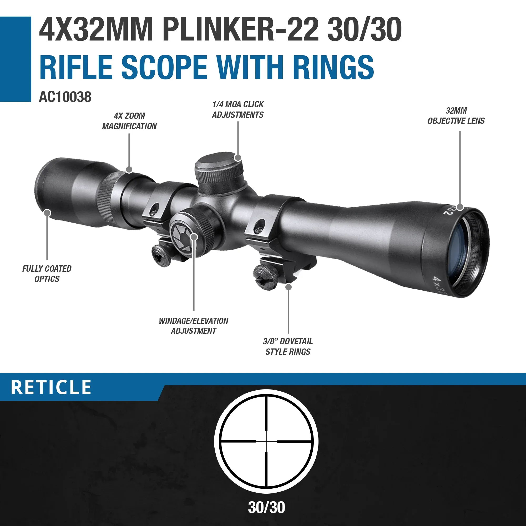 4x32mm Plinker-22 30/30 Rifle Scope with Rings | AC10038