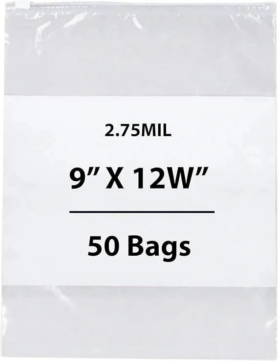 9X12 inches Resealable Poly Bags Slide Seal With write on Block 2.75 Mil (LDPE)