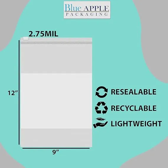 9X12 inches Resealable Poly Bags Slide Seal With write on Block 2.75 Mil (LDPE)