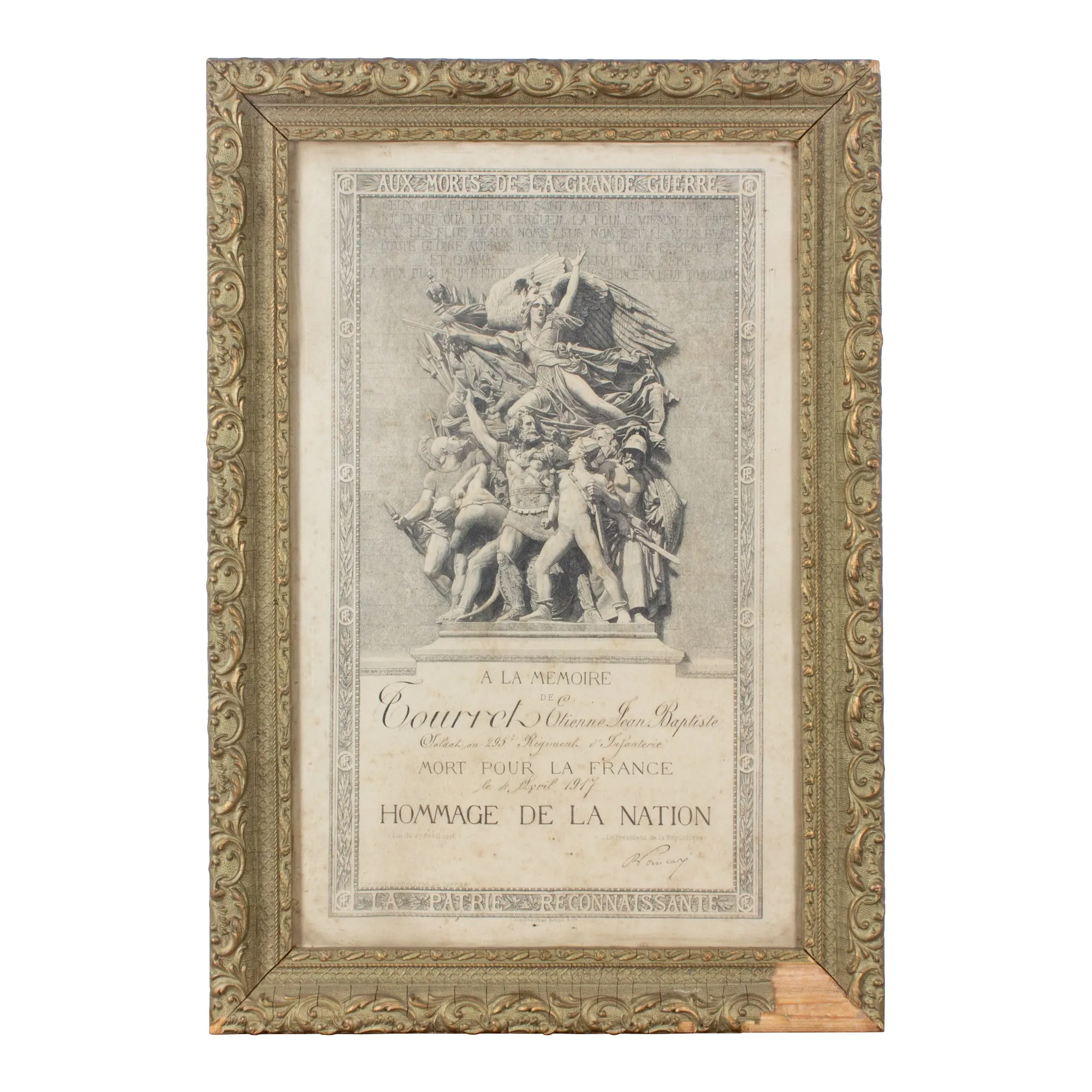 Antique French Framed "Hommage de la Nation" WWI Document