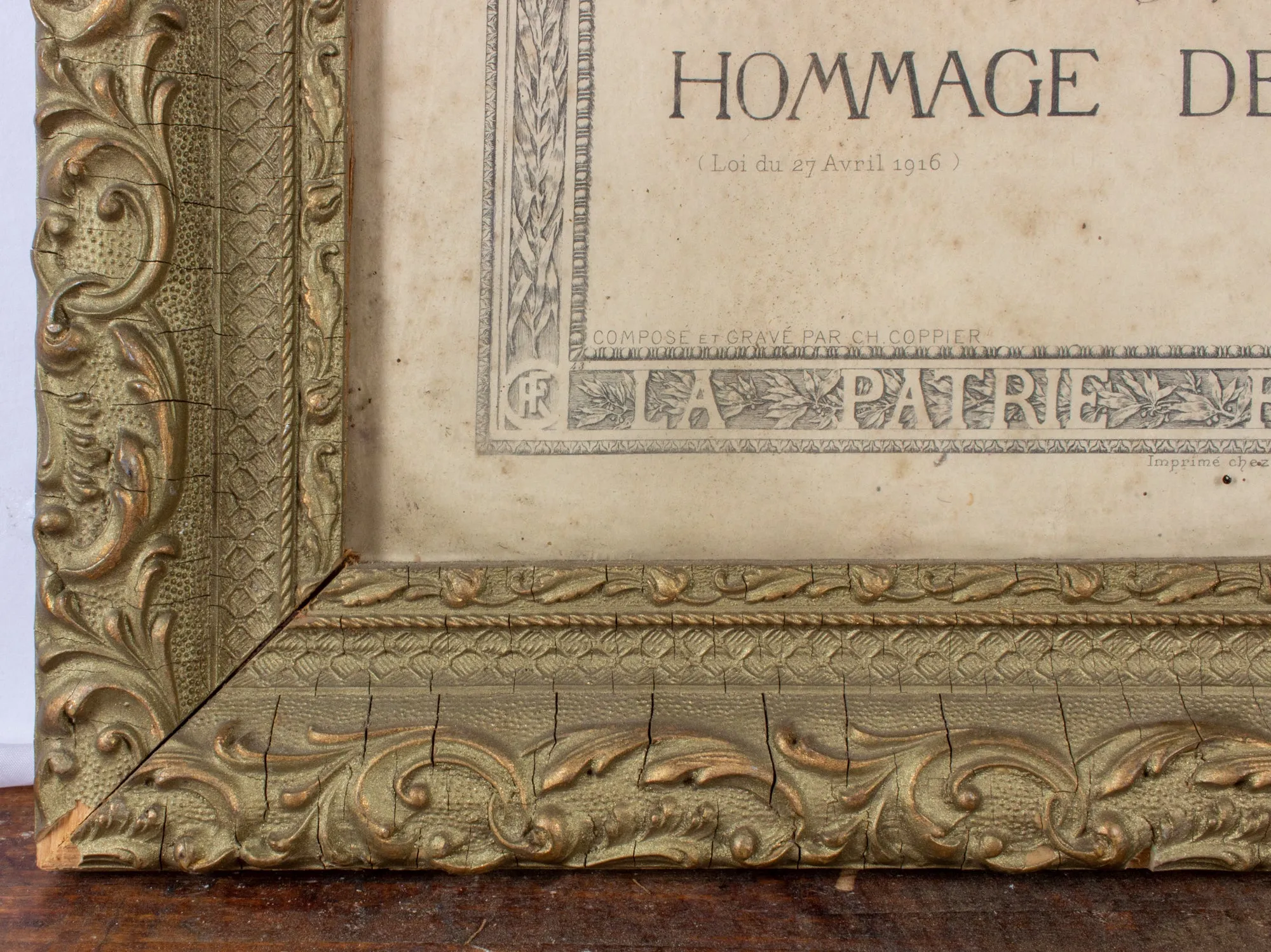 Antique French Framed "Hommage de la Nation" WWI Document