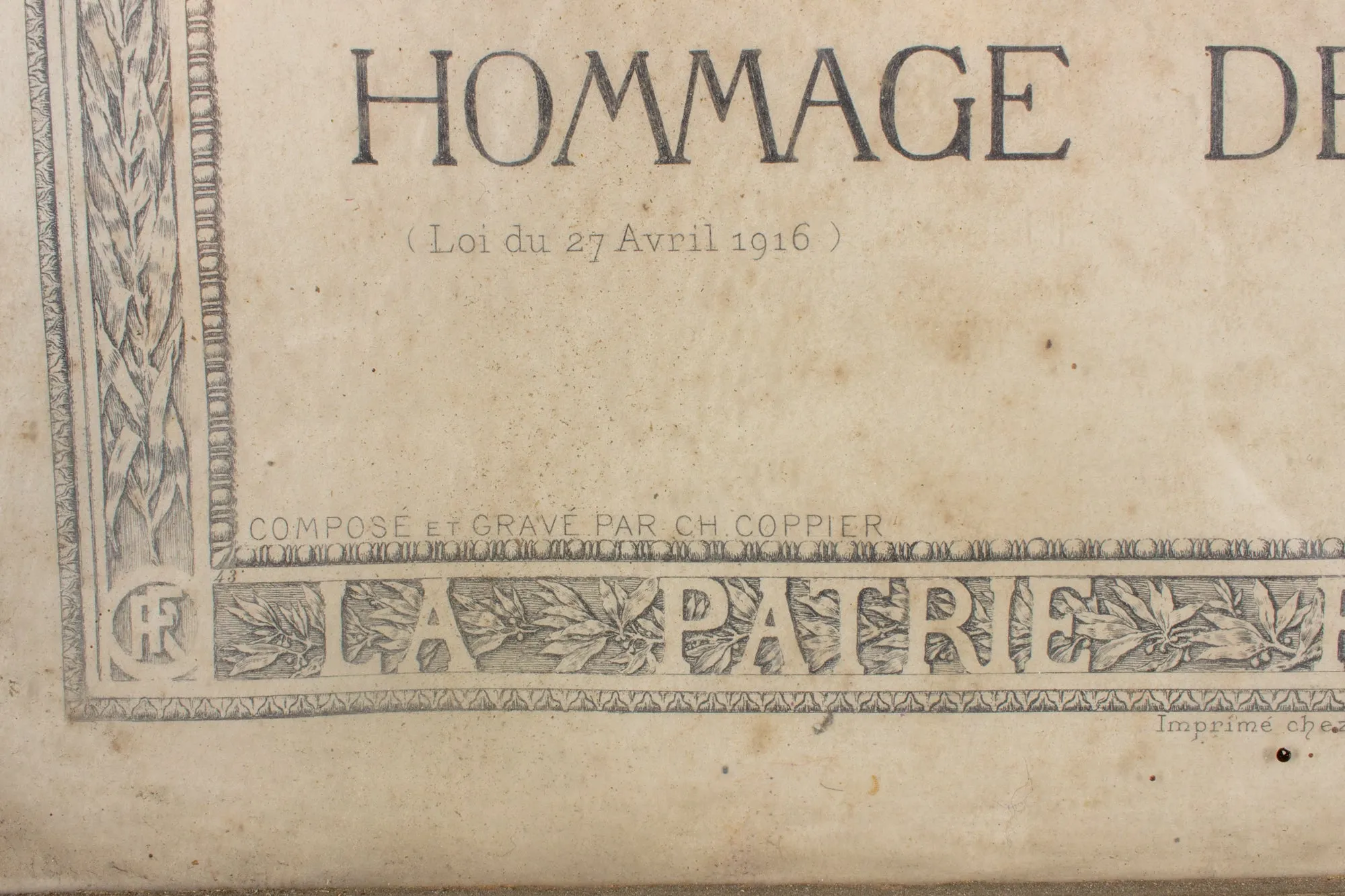 Antique French Framed "Hommage de la Nation" WWI Document