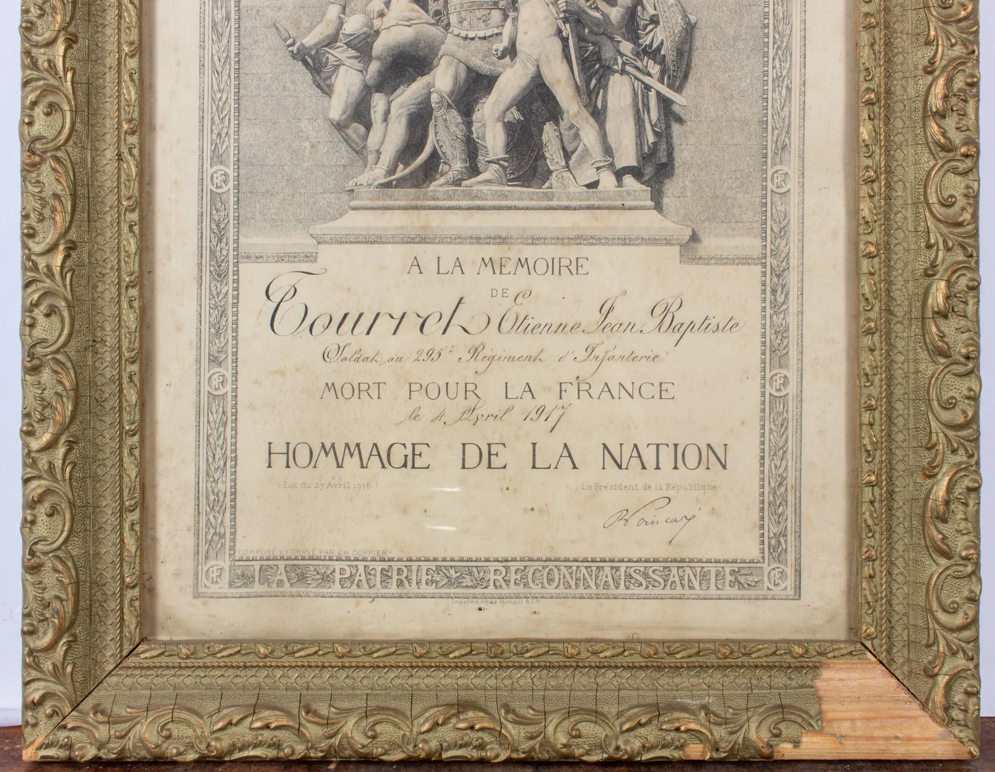 Antique French Framed "Hommage de la Nation" WWI Document