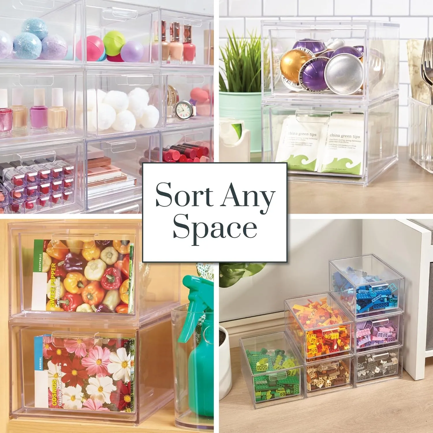Audrey Stackable Clear Bin Plastic Organizer Drawers | 2 Piece Set | Organize Cosmetics and Beauty Supplies on a Vanity | Made in USA