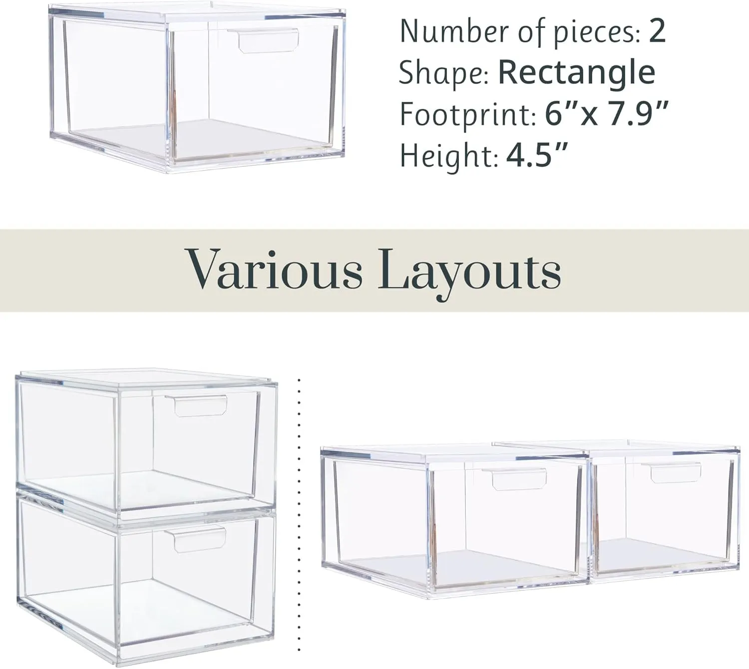 Audrey Stackable Clear Bin Plastic Organizer Drawers | 2 Piece Set | Organize Cosmetics and Beauty Supplies on a Vanity | Made in USA