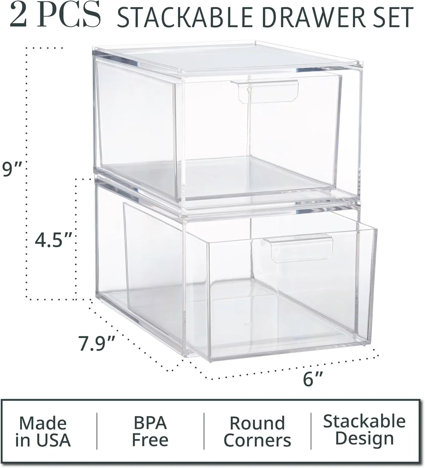 Audrey Stackable Clear Bin Plastic Organizer Drawers | 2 Piece Set | Organize Cosmetics and Beauty Supplies on a Vanity | Made in USA