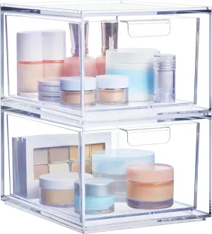 Audrey Stackable Clear Bin Plastic Organizer Drawers | 2 Piece Set | Organize Cosmetics and Beauty Supplies on a Vanity | Made in USA