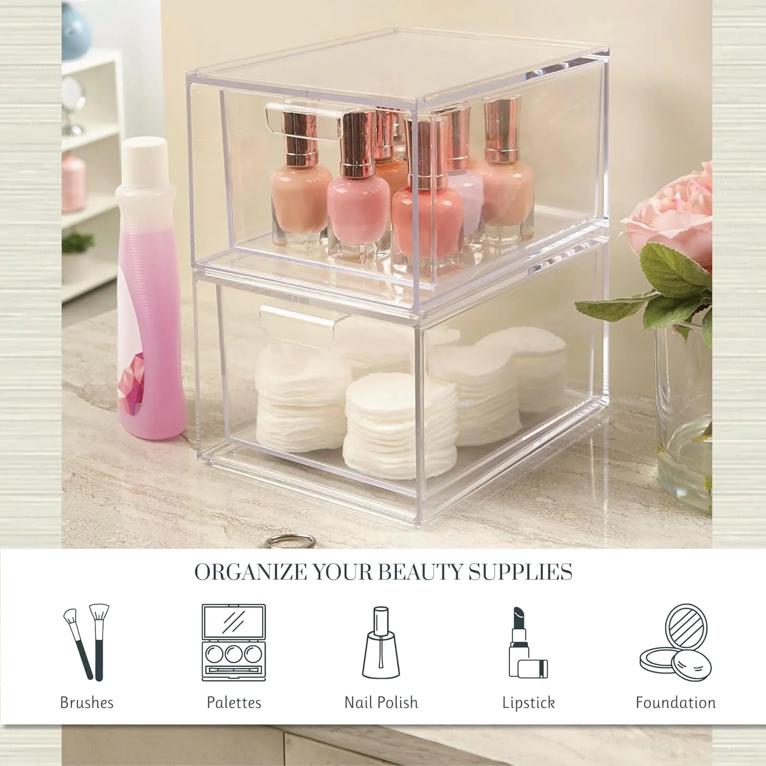 Audrey Stackable Clear Bin Plastic Organizer Drawers | 2 Piece Set | Organize Cosmetics and Beauty Supplies on a Vanity | Made in USA