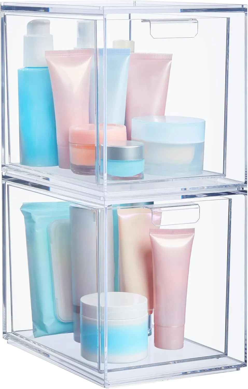 Audrey Stackable Clear Bin Plastic Organizer Drawers | 2 Piece Set | Organize Cosmetics and Beauty Supplies on a Vanity | Made in USA
