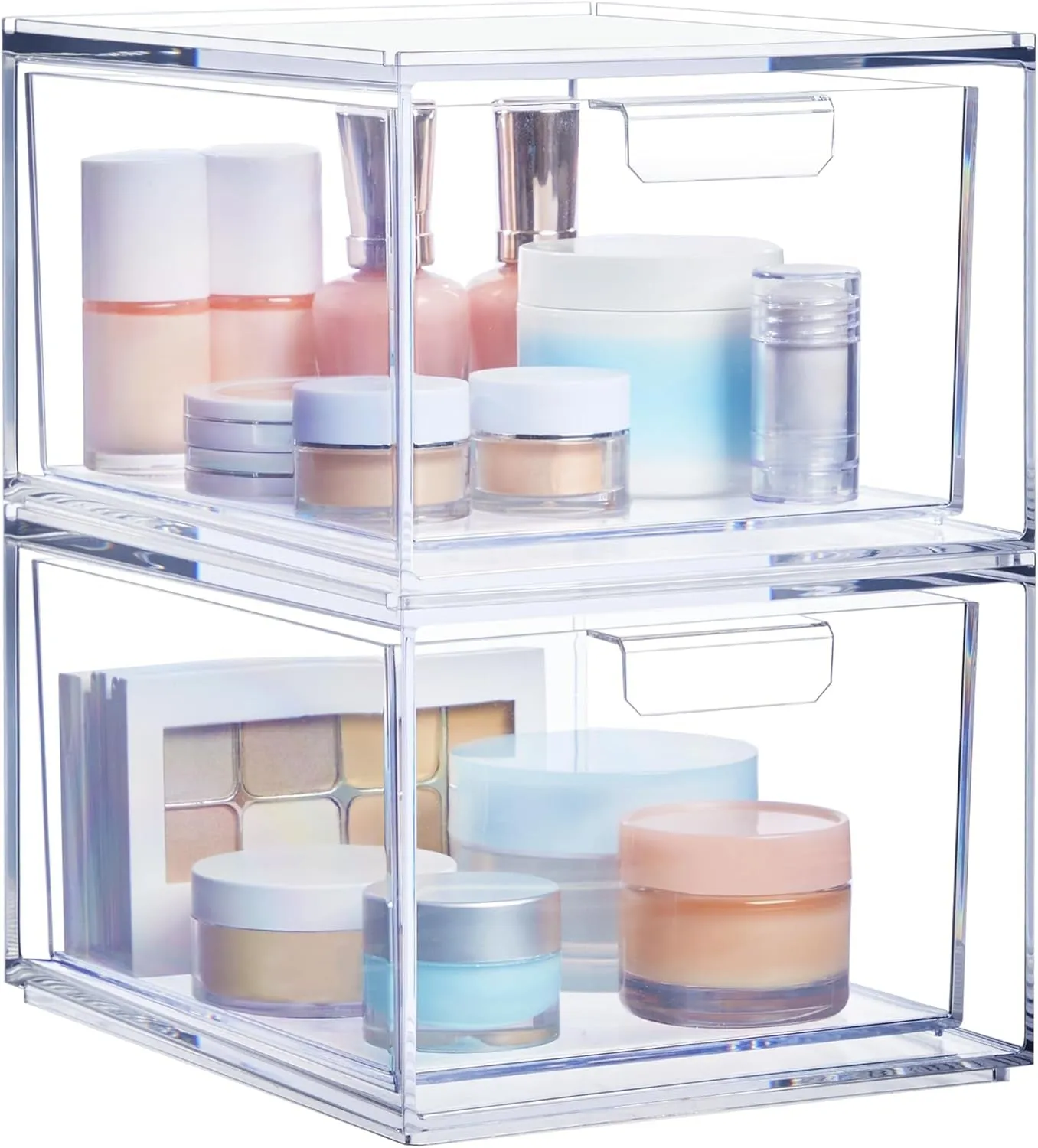 Audrey Stackable Clear Bin Plastic Organizer Drawers | 2 Piece Set | Organize Cosmetics and Beauty Supplies on a Vanity | Made in USA