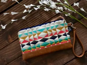 Aztec Overlook with Vegan Leather - Zippered Wristlet Clutch /  Bridesmaid Gift- Accessory Make Up Bag -