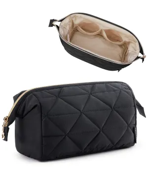 BAGSMART Makeup Bag Travel Makeup Bag, Cute Puffy Make Up Bag, Wide-open Cosmetic Bags for Women, Small Makeup Pouch for Travel Essentials Toiletries Accessories (Black)