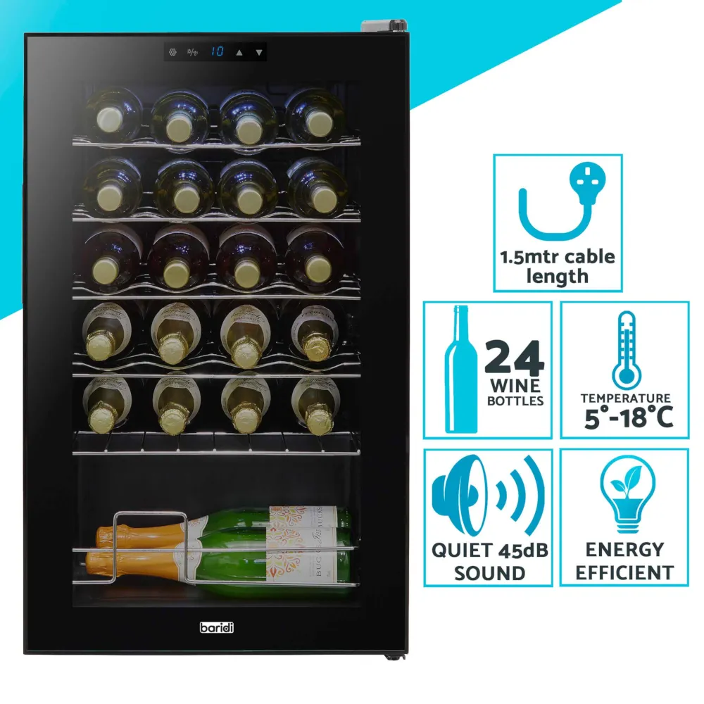 Baridi 24 Bottle Wine Cooler Fridge with Touch Controls - Black - B