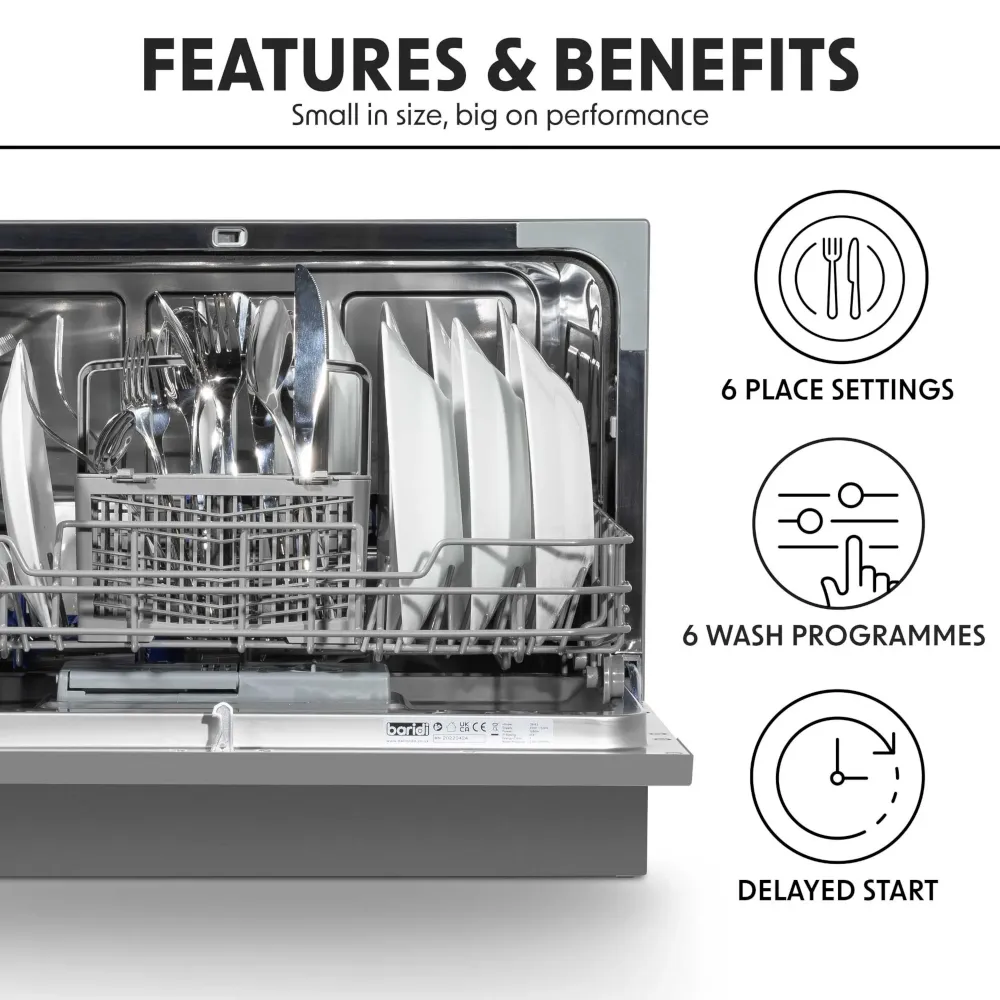 Baridi Compact Tabletop Dishwasher 6.5L, 6 Place Settings - Silver - B