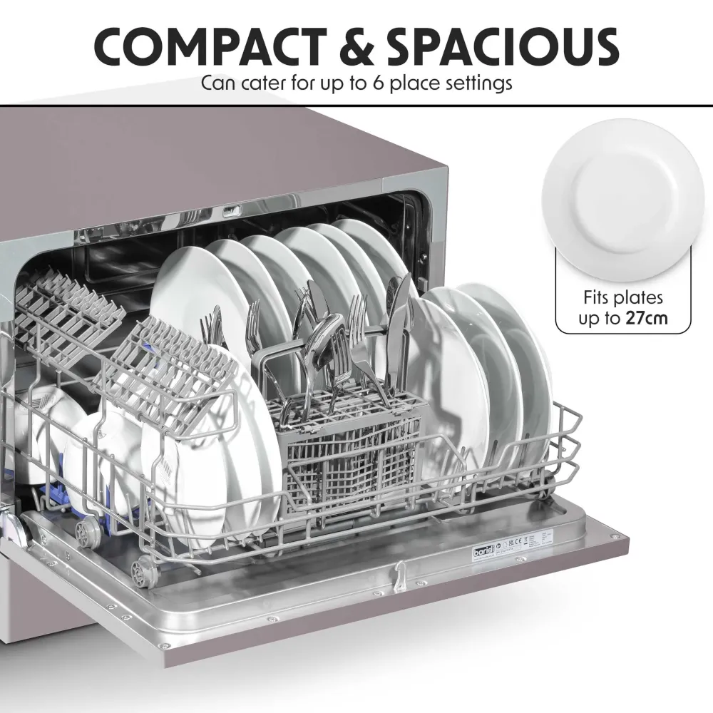 Baridi Compact Tabletop Dishwasher 6.5L, 6 Place Settings - Silver - B