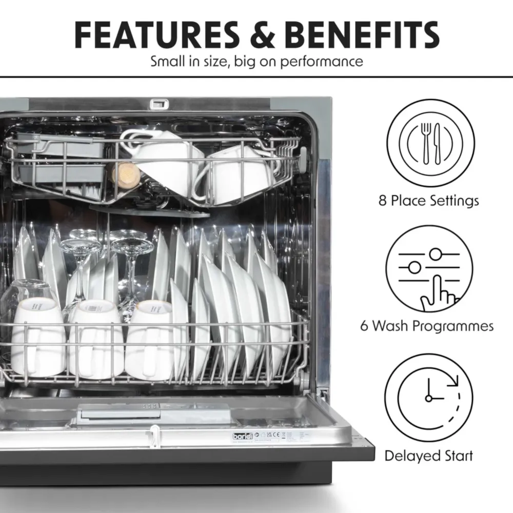 Baridi Compact Tabletop Dishwasher 8L, 8 Place Settings - Black - B