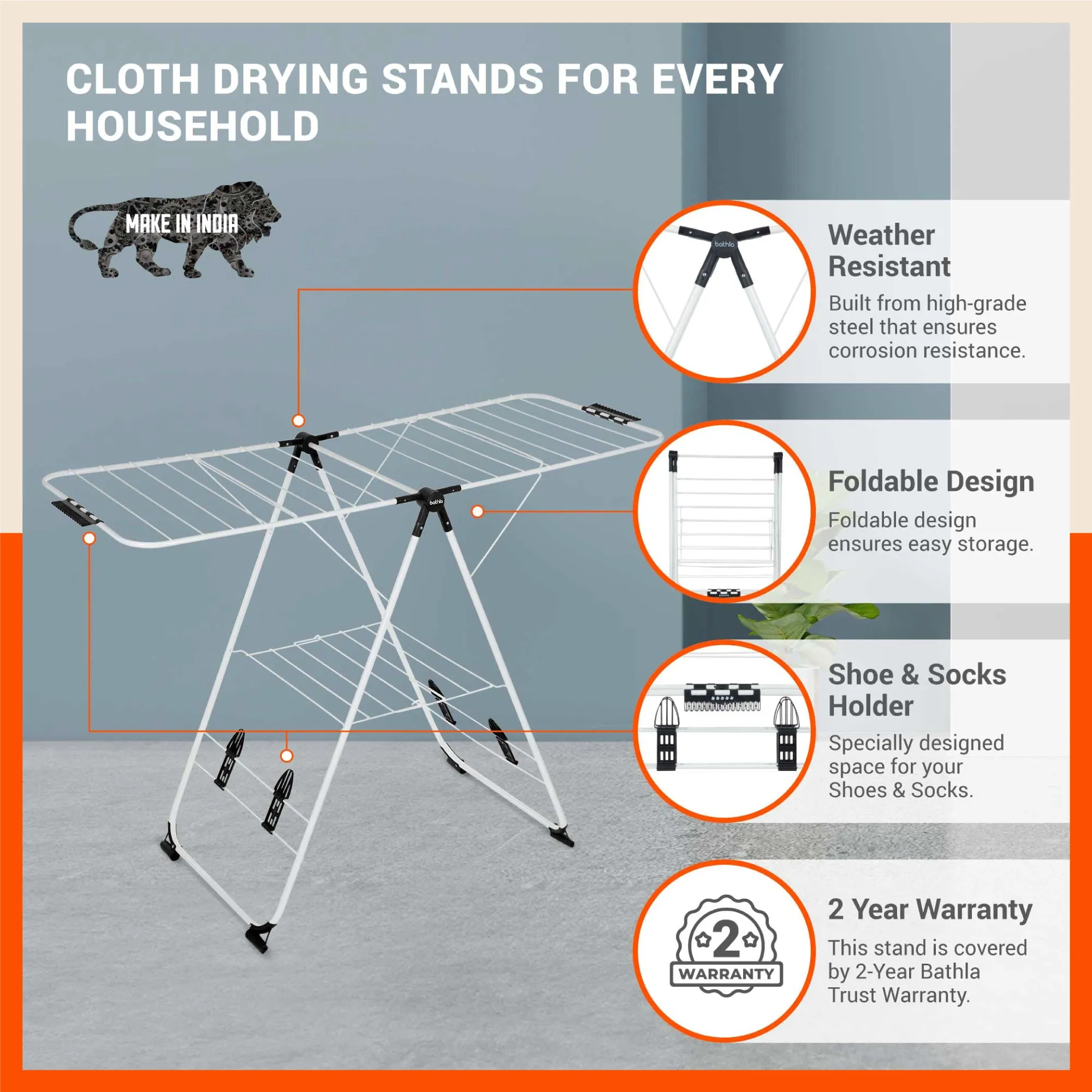 Bathla Mobidry Neo - Foldable Cloth Drying Stand For Home (Black)
