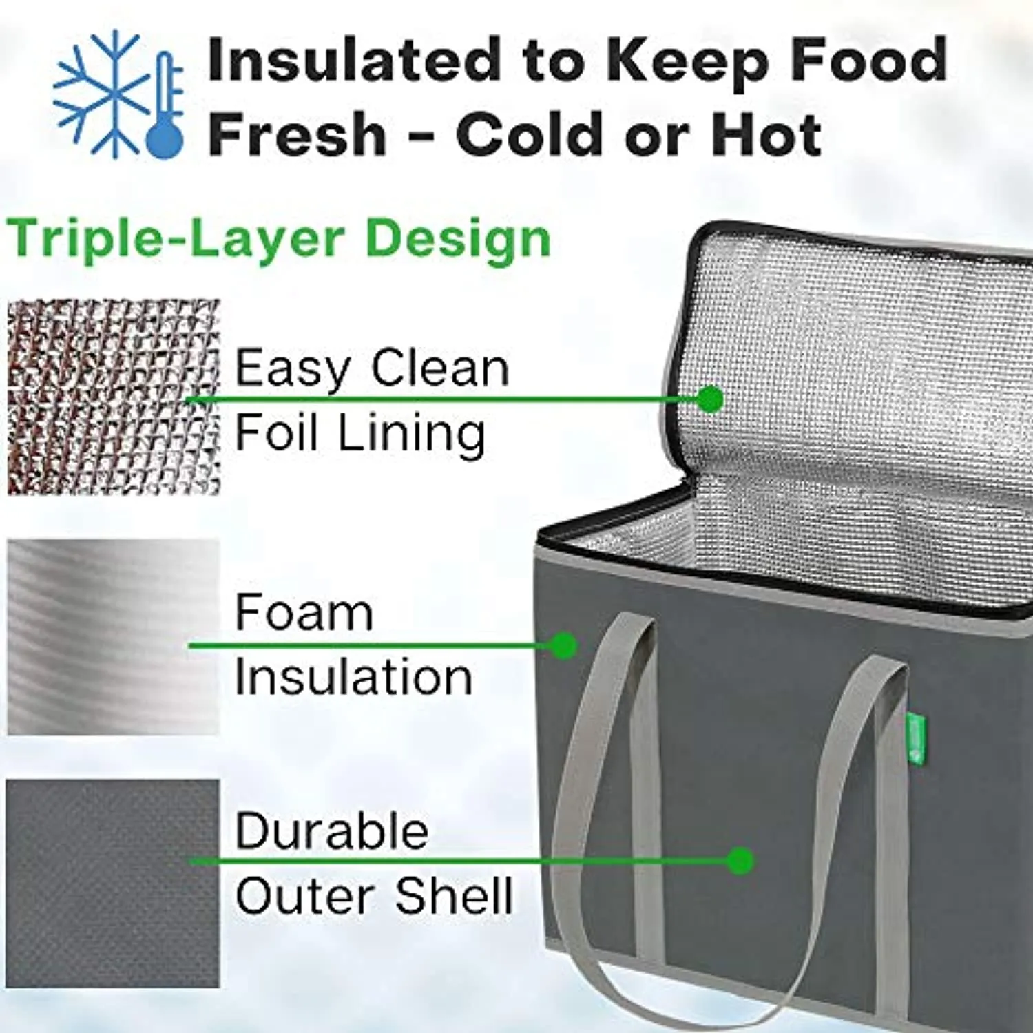 BELLEFORD  Insulated Reusable Grocery Bags (2-Pack) - Premium Quality Cooler Bags with Hard Bottom Insert - Stands Upright, Machine Washable, Sturdy Zipper - Insulated Bag for Hot or Cold, Food Delivery Bag
