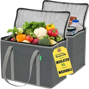 BELLEFORD  Insulated Reusable Grocery Bags (2-Pack) - Premium Quality Cooler Bags with Hard Bottom Insert - Stands Upright, Machine Washable, Sturdy Zipper - Insulated Bag for Hot or Cold, Food Delivery Bag