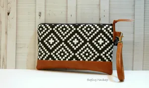 Black Aztec Tile with Vegan Leather - Zippered Wristlet Clutch /  Bridesmaid Gift- Accessory Make Up Bag -