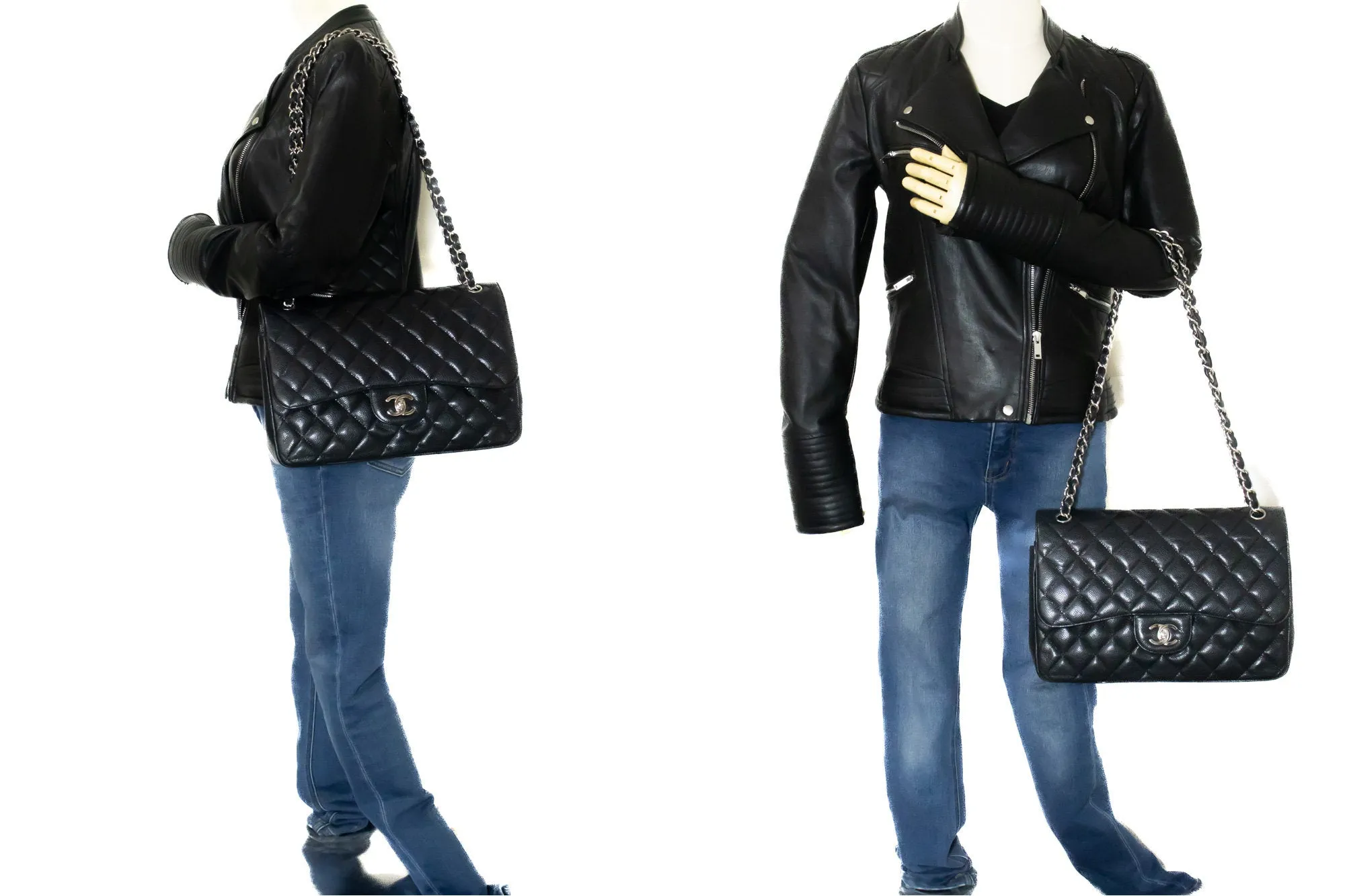 CHANEL Grained Calfskin Large Chain Shoulder Bag W Flap SV Classic L06
