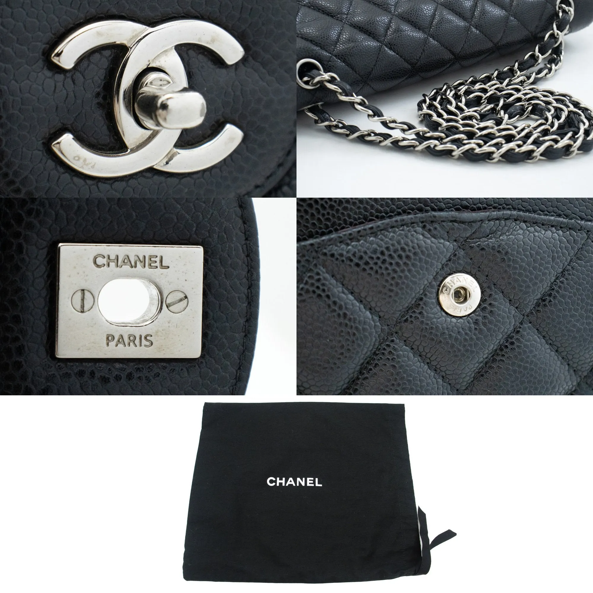 CHANEL Grained Calfskin Large Chain Shoulder Bag W Flap SV Classic L06