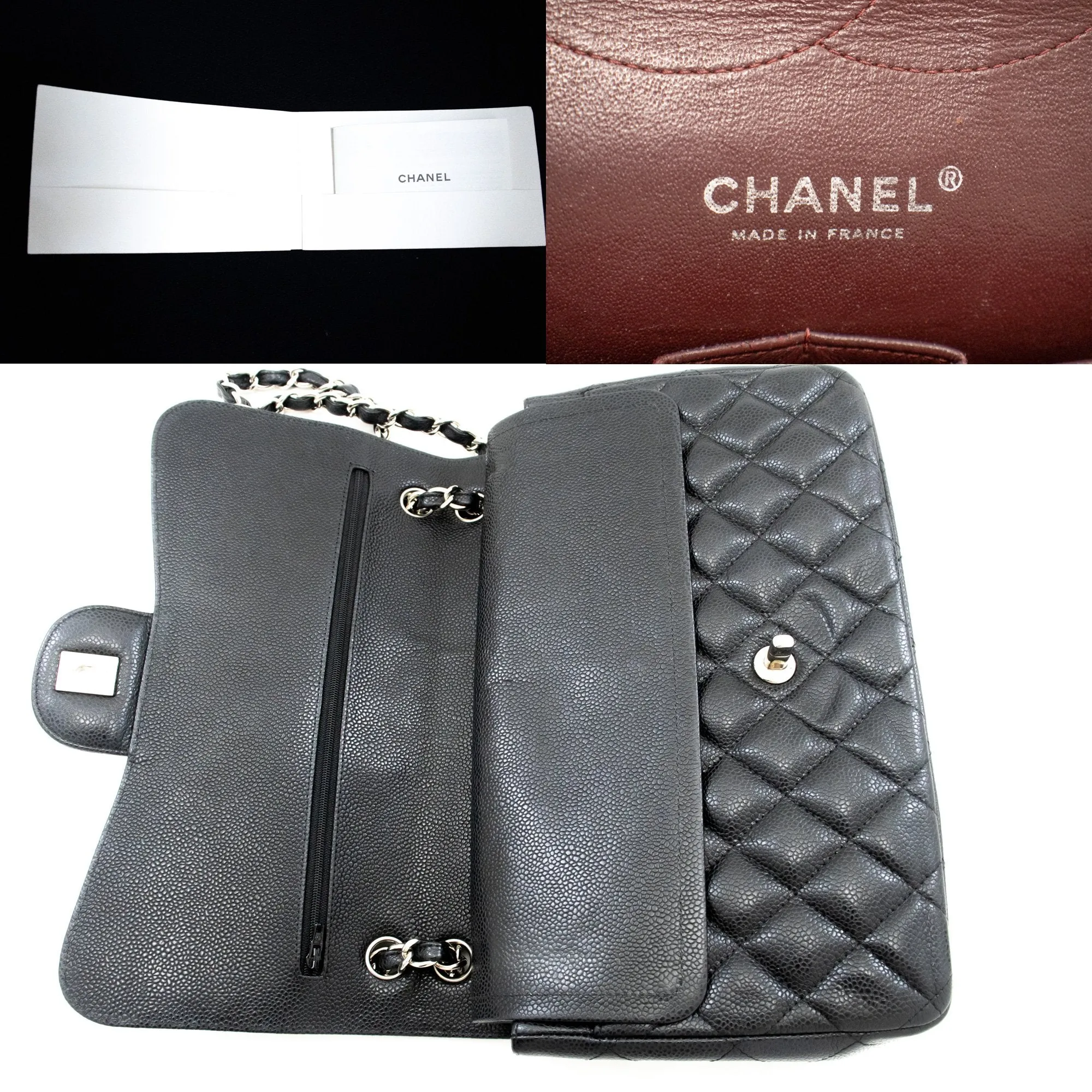 CHANEL Grained Calfskin Large Chain Shoulder Bag W Flap SV Classic L06