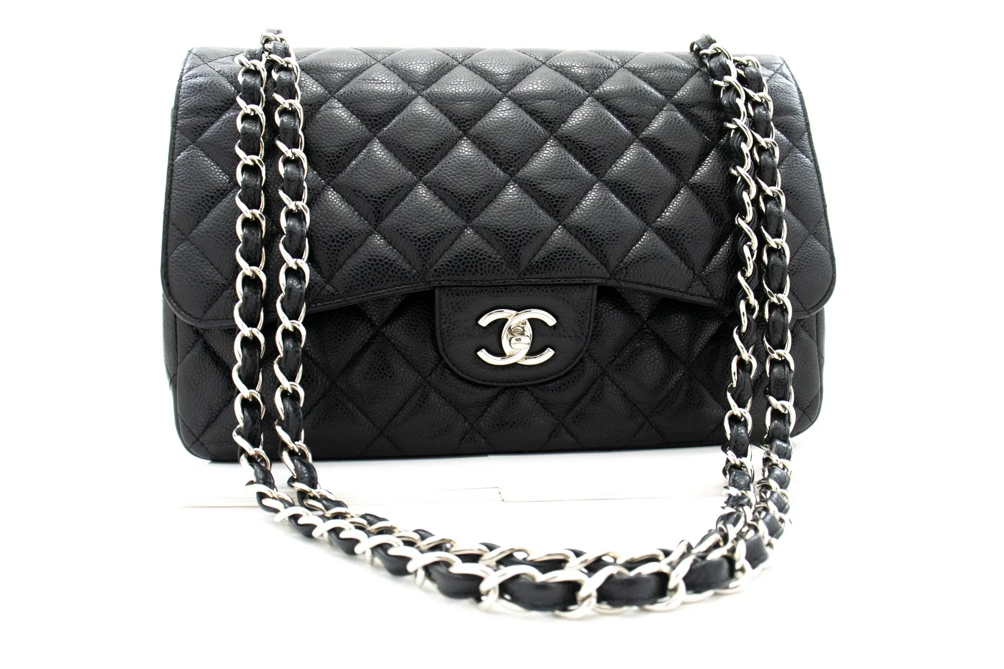 CHANEL Grained Calfskin Large Chain Shoulder Bag W Flap SV Classic L06