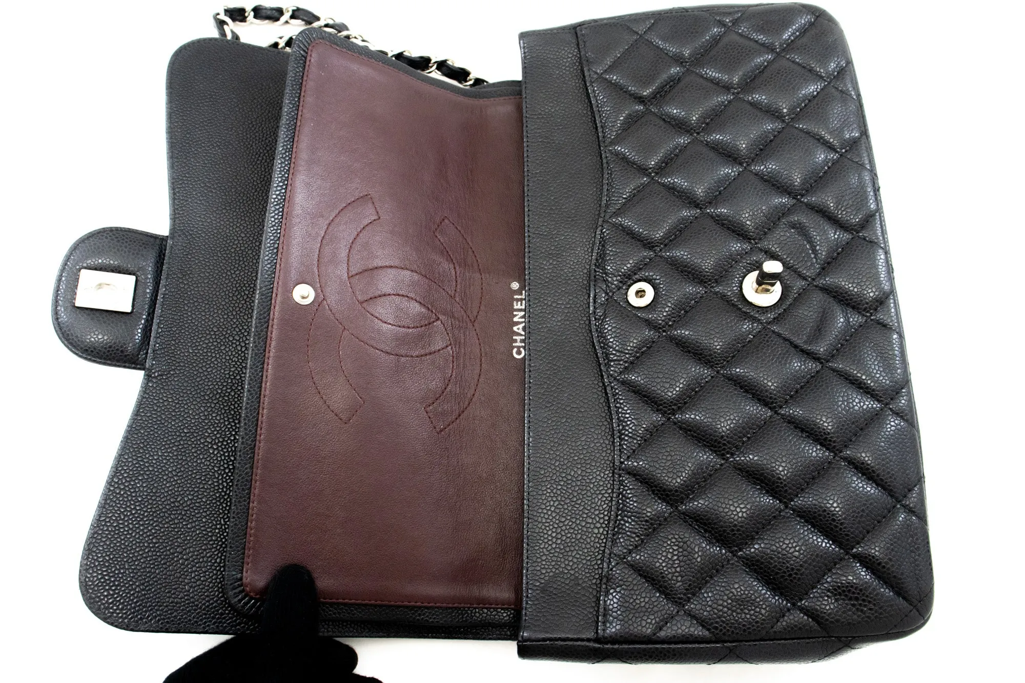 CHANEL Grained Calfskin Large Chain Shoulder Bag W Flap SV Classic L06