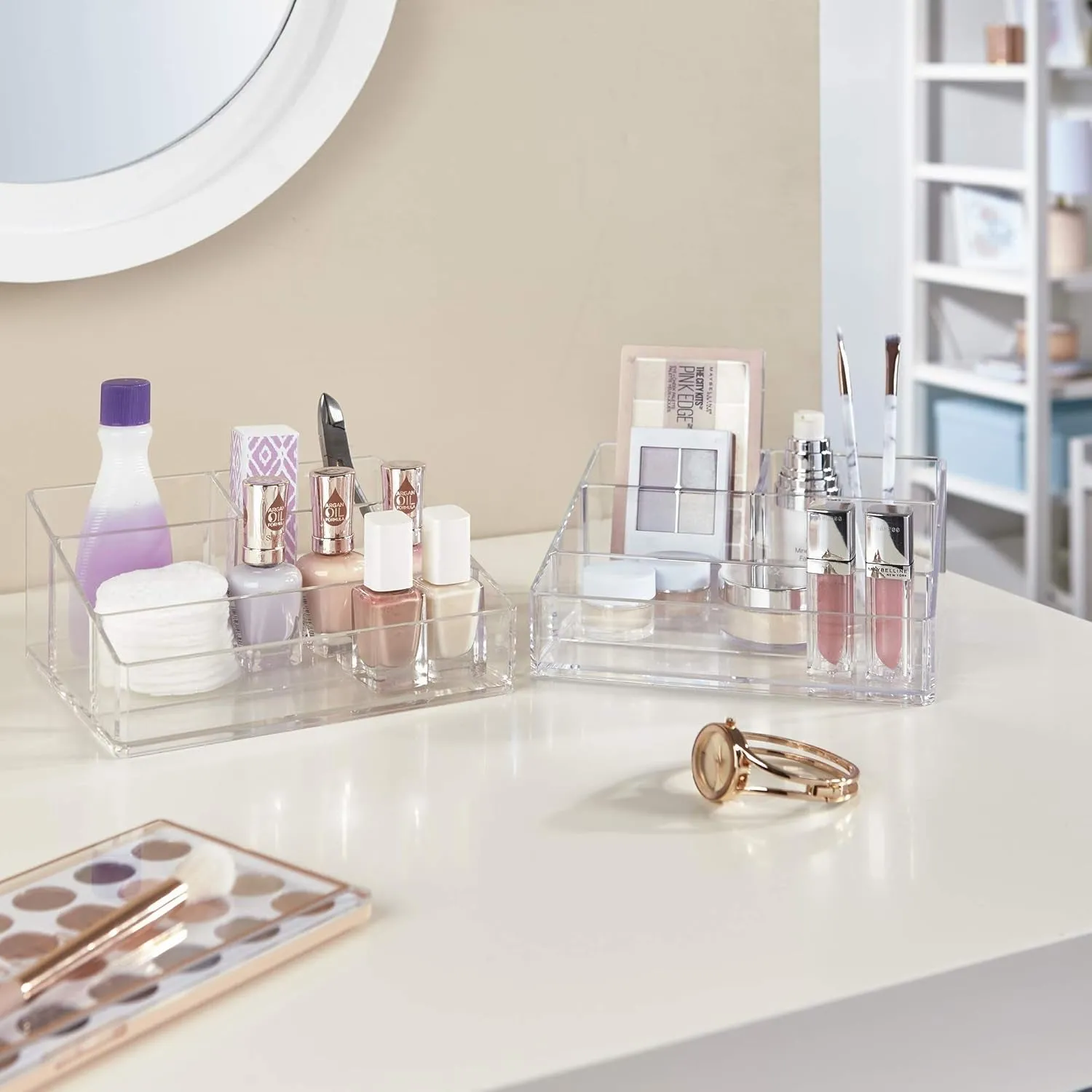 Clear Plastic Vanity Makeup Organizer | Compact Rectangular 4-Compartment Holder for Brushes, Eyeshadow Palettes, & Beauty Supplies | Made in USA