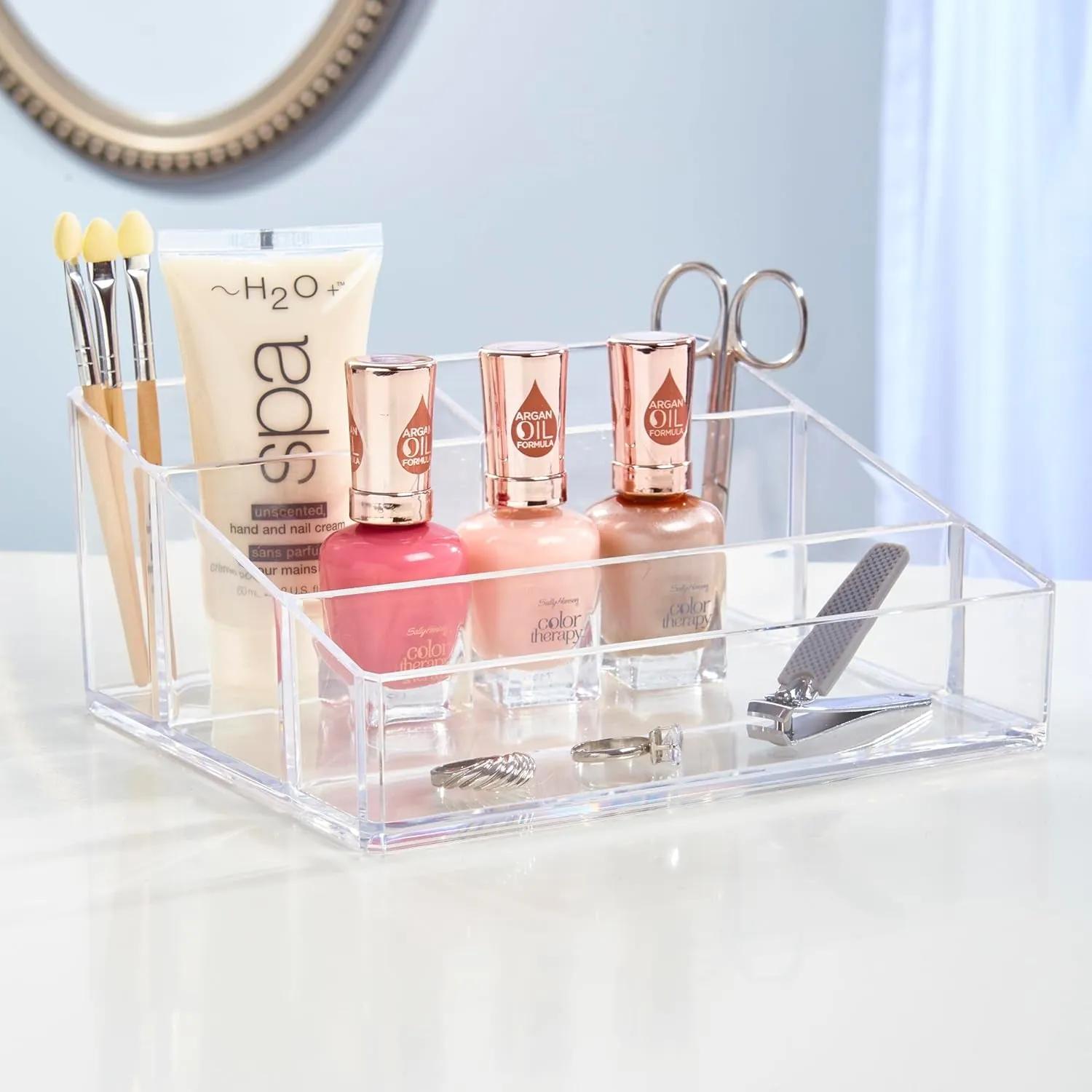 Clear Plastic Vanity Makeup Organizer | Compact Rectangular 4-Compartment Holder for Brushes, Eyeshadow Palettes, & Beauty Supplies | Made in USA