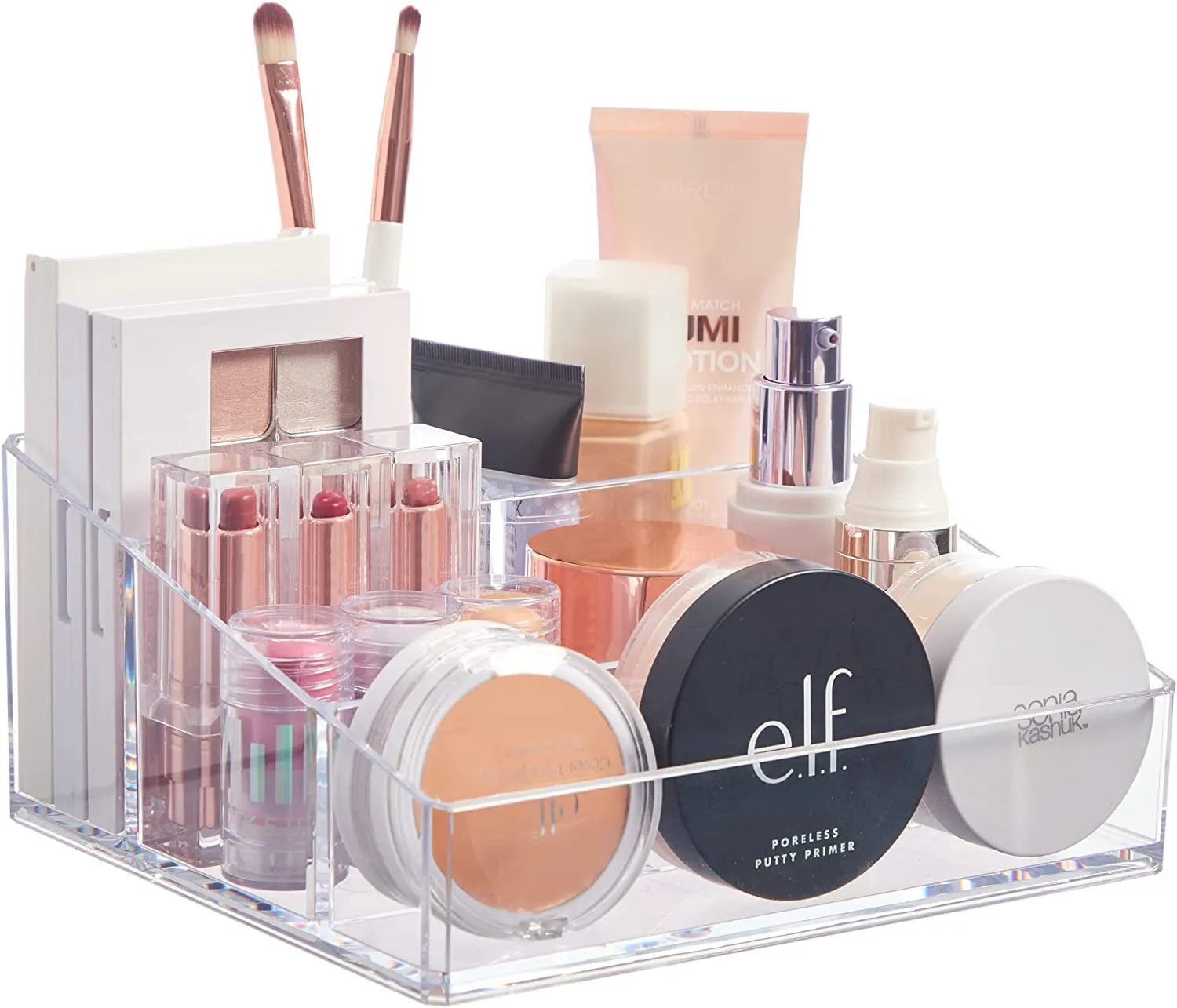 Clear Plastic Vanity Makeup Organizer | Compact Rectangular 4-Compartment Holder for Brushes, Eyeshadow Palettes, & Beauty Supplies | Made in USA