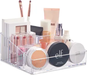 Clear Plastic Vanity Makeup Organizer | Compact Rectangular 4-Compartment Holder for Brushes, Eyeshadow Palettes, & Beauty Supplies | Made in USA