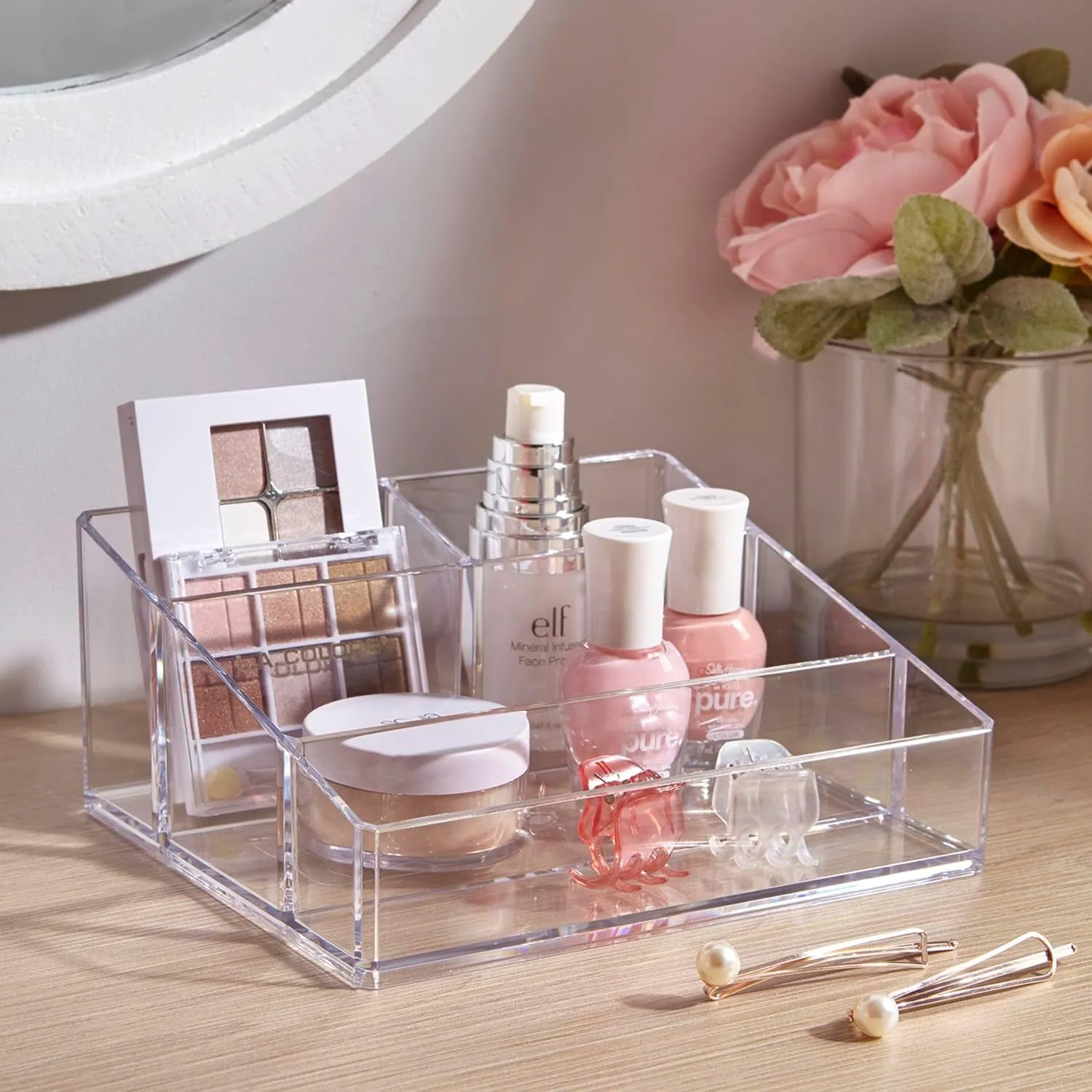 Clear Plastic Vanity Makeup Organizer | Compact Rectangular 4-Compartment Holder for Brushes, Eyeshadow Palettes, & Beauty Supplies | Made in USA