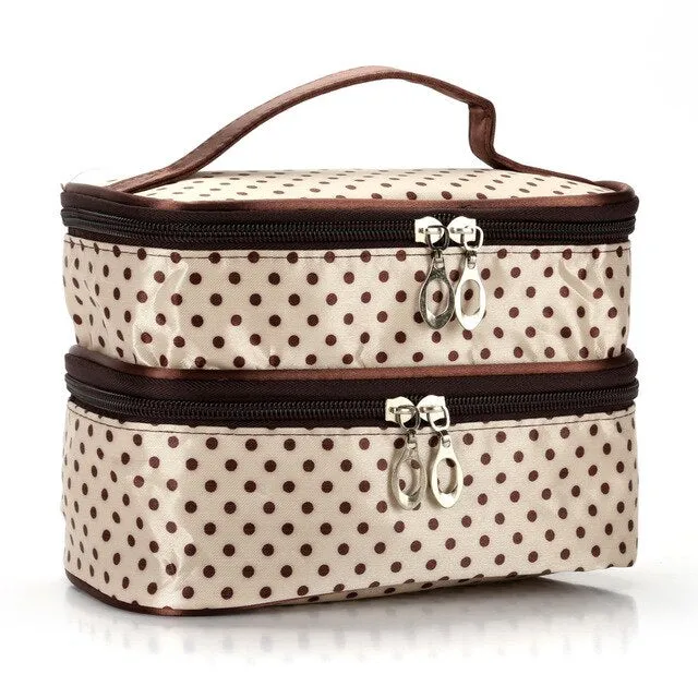 Cosmetic Bag Women'S Out Bag Travel Skin Small Wave Dot Fashion Handbag Double Layer Small Dot Cosmetic Handbags Storage Bags