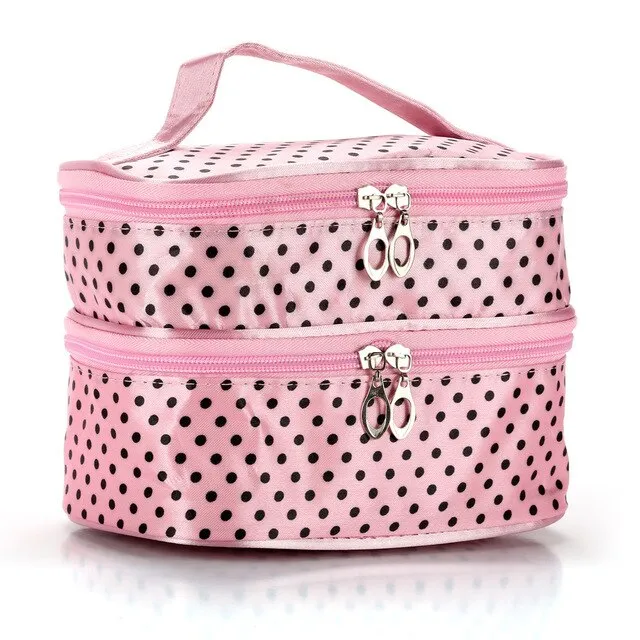 Cosmetic Bag Women'S Out Bag Travel Skin Small Wave Dot Fashion Handbag Double Layer Small Dot Cosmetic Handbags Storage Bags