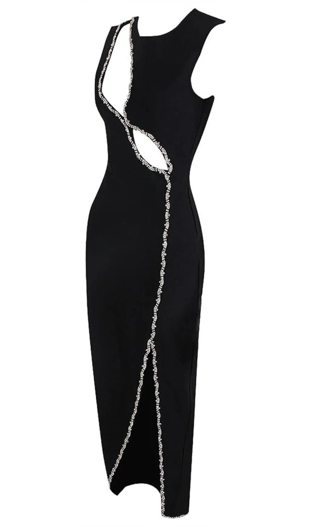 CRYSTAL CUT OUT BANDAGE MIDI DRESS IN BLACK