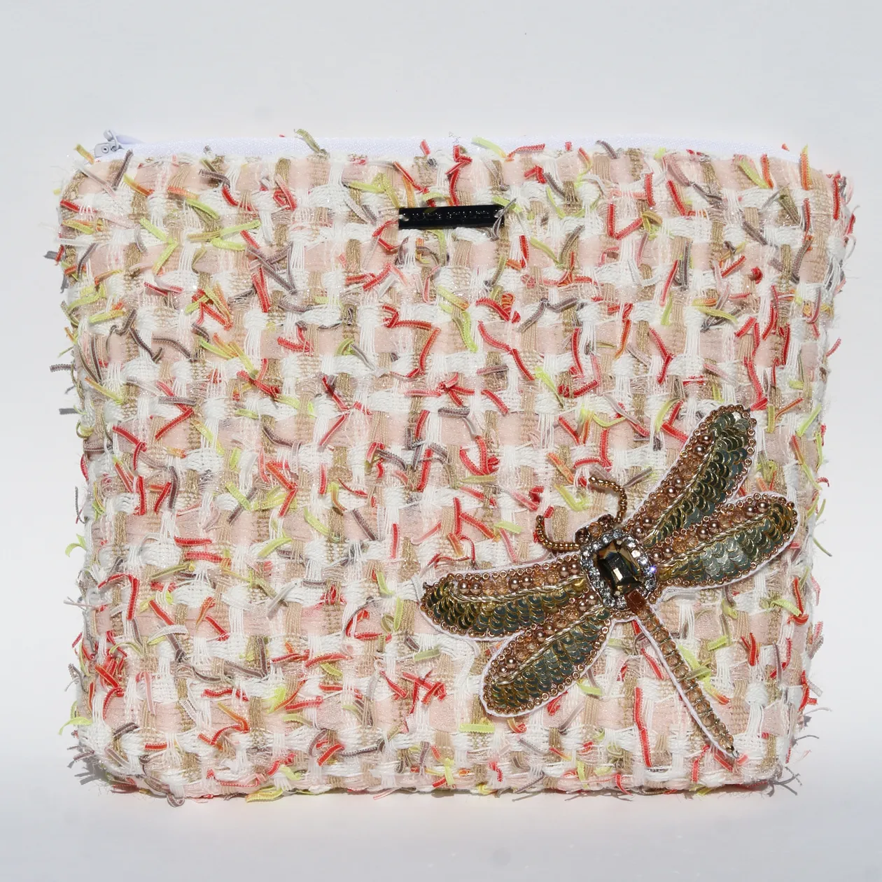 Embellished Orange Tweed Travel Zipper Pouch