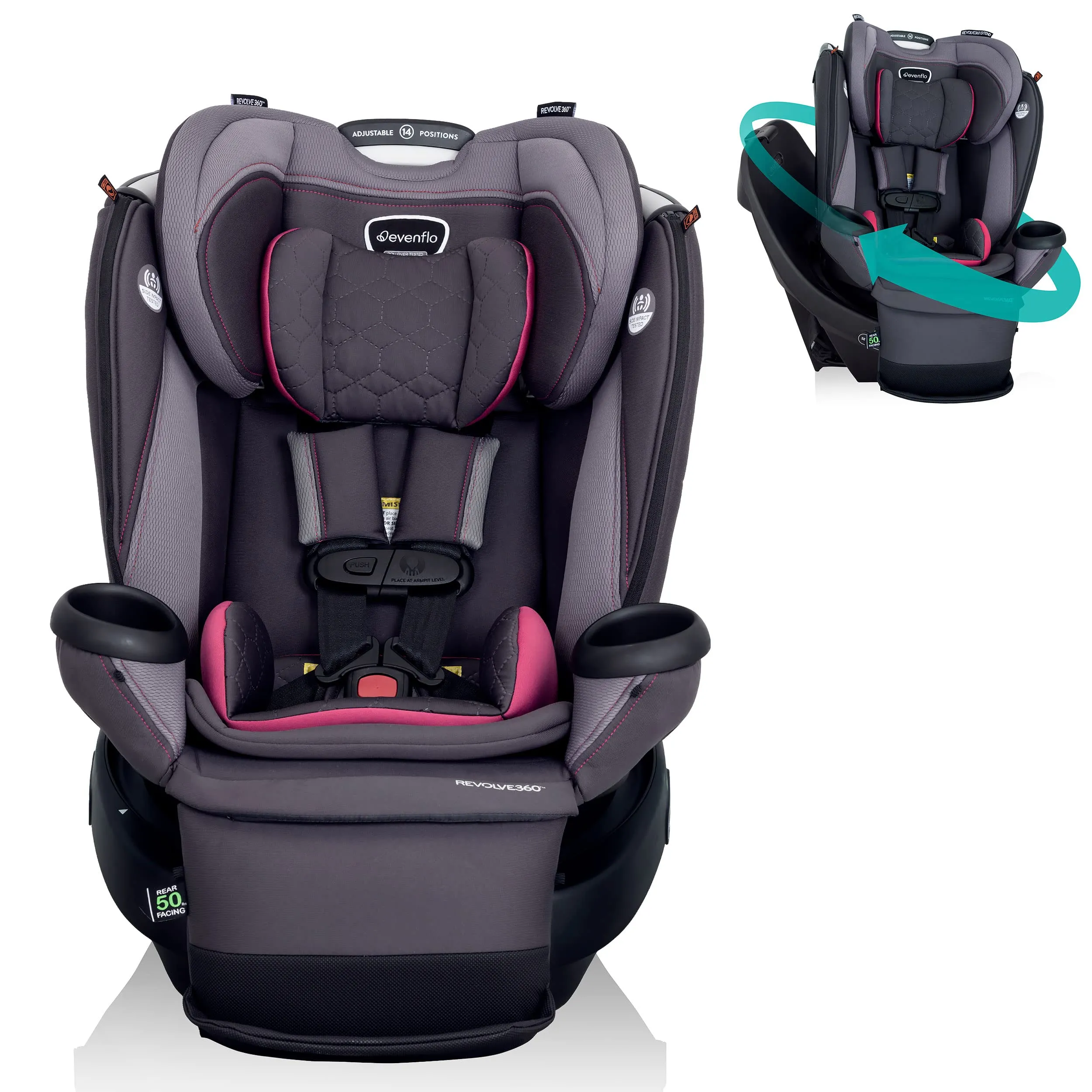 Evenflo Revolve360 Extend Rotational All-in-One Convertible Car Seat with Quick Clean Cover, 360° Rotation, Rear-Facing Up to 50 Lbs, Rowe Pink